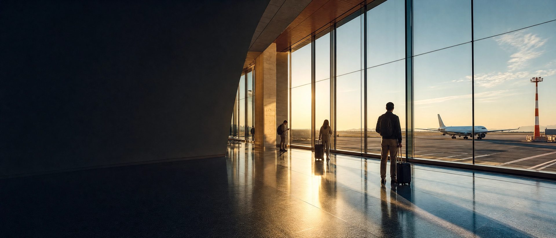 Terminal aeroportuaria con un avión al amanecer